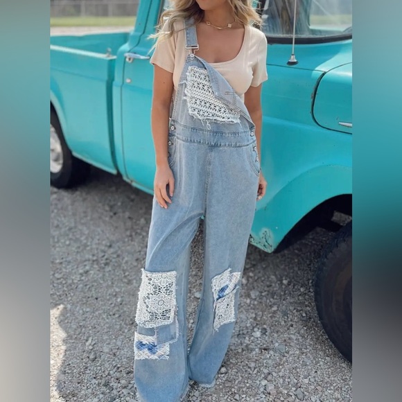 NWT POL Boho Patchwork Crochet Jean Denim Overalls - Picture 9 of 15